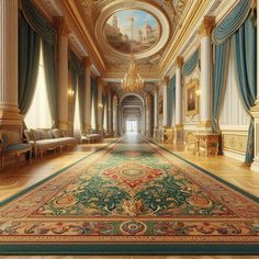 an ornate hallway with blue drapes and paintings on the walls, carpeted in gold