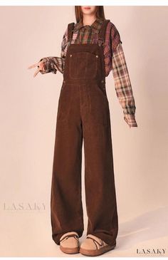 Lasaky - Brown Corduroy Overalls Casual Pants Loose Fit Wide Leg Winter Trousers Fall Corduroy Overalls For Workwear, Fall Corduroy Workwear Overalls, Cotton Wide Leg Overalls For Fall, Wide Leg Cotton Overalls For Fall, Casual Brown Overalls, Wide Leg Overalls For Fall Workwear, Winter Cotton Overalls, Cotton Winter Overalls, Fall Overalls With Pockets