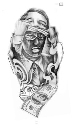 a drawing of a man holding money in his hand and covering his eyes with both hands