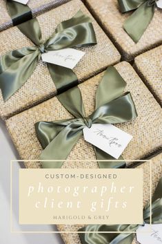 four wrapped gift boxes with green bows on them and the words, custom - designed photographer client gifts