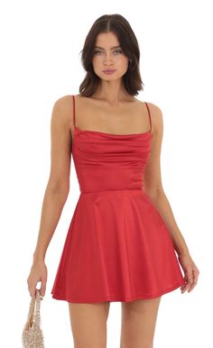 Jewel Satin Cowl Neck Dress in Red | LUCY IN THE SKY Red Semi Formal Dress, Red Hoco Dress, Red Satin Mini Dress, Satin Cowl Neck Dress, Satin Hoco Dress, Hoco 2024, Hoco Dresses Red, Hoco Ideas, Semi Dresses