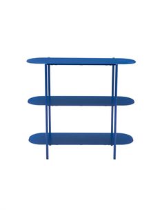 a blue shelf with three shelves on each side