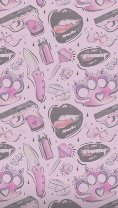 a pink wallpaper with different types of makeup and accessories on it, including scissors