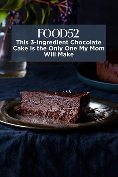 a piece of chocolate cake on a plate with the words food52 written above it