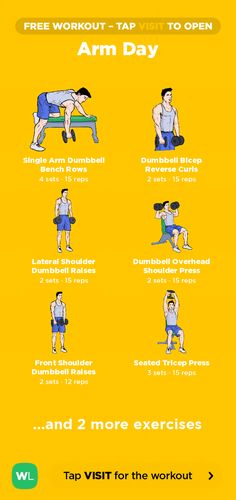 an exercise poster with the words arm day written in white and blue on yellow background