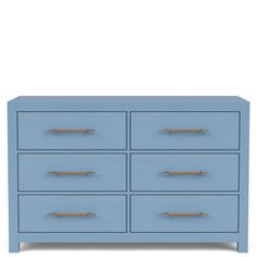 a blue dresser with gold handles on it's top and bottom drawers, against a white background