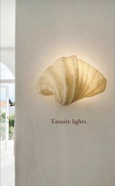 a white wall with a shell on it and the words insure lights above it