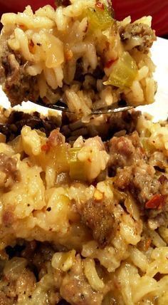 a spoonful of rice and meat casserole on a white plate with a red bowl in the background