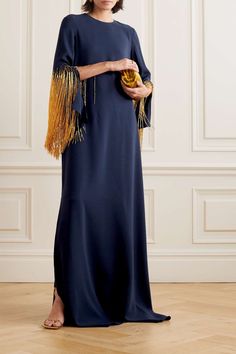 OSCAR DE LA RENTA Fringed silk-crepe gown | NET-A-PORTER Muslim Dresses, Long Sleeve Wrap Dress, Loose Fitting Dresses, Women's Evening Dresses, Floor Length Dresses, Maxi Dress Blue, Stylish Dresses, Maxi Dresses, Evening Dress