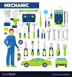 mechanic and tools set in flat design style