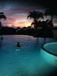 people are swimming in an outdoor pool at night with palm trees and the sun setting behind them