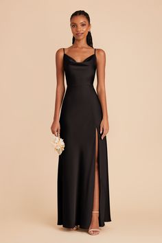 Featuring a 90's cowl neck, this floor-length matte satin bridesmaid dress is a head-turning statuesque beauty. Available in Black. Our matte satin midi got a glow-up! | Black Bridesmaid Dress Matte Satin Size 3X | Birdy Grey Lisa Long Birdy Grey Black Bridesmaid Dresses, Black Bridemaid Dress, Bridesmaid Dresses Black Satin, Black Bridesmaid Dresses Mismatched Classy, Black Maid Of Honor Dress, Bridesmaids Black Dresses, Black Satin Bridesmaid Dresses, Black Bridesmaid Dress Mismatched, Single Bridesmaid