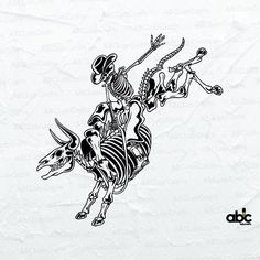 a skeleton riding on the back of a bull