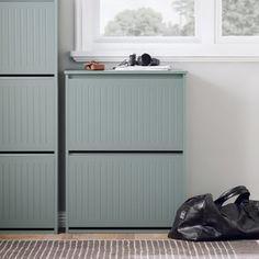 a pair of black shoes sitting on top of a rug next to a green cabinet