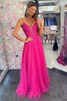 Hot Pink Tulle Dress, Hot Pink Homecoming Dress, Pink Tulle Prom Dress, Hot Pink Tulle, Prom Dress V Neck, Tulle Prom Dress Long, Pink Tulle Dress, Pink Homecoming Dress, Tulle Sleeves