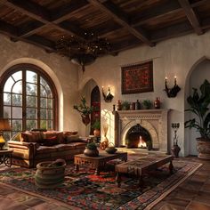 a living room filled with furniture and a fire place in the middle of an open floor plan