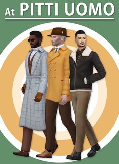 three men in coats and hats standing next to each other with the words at pitti uomo