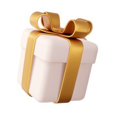 a white gift box with gold ribbon and bow on it's side, isolated against a white background