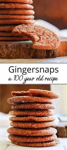 ginger snaps cookies stacked on top of each other with text overlay that reads, ginger snaps at 100 year old recipe