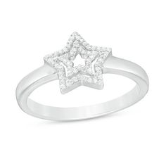 A shining symbol of her stellar status, this double-star ring adds sparkle to her look. Crafted in sterling silver, this dazzling design features an inner diamond-lined star wrapped in a larger diamond-adorned star border. Radiant with 1/10 ct. t.w. of diamonds and a bright polished shine, this lovely ring is certain to be worn often. Custom-made to fit her ring size. Sterling silver rings cannot be resized after purchase. Star Border, Zales Zales, Bff Jewelry, Her Ring, Star Ring, Lovely Ring, Hand Jewelry, Brilliant Diamond, Pretty Jewellery