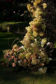 an arrangement of flowers on the ground near a tree