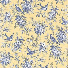 a yellow and blue floral pattern with birds on it