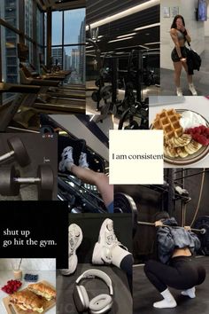 a collage of photos with people and food in the foreground, including waffles, coffee cups, gym equipment, and other items