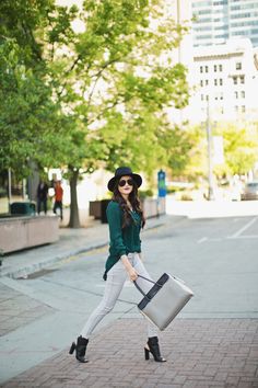 Top: J.Crew | Bottoms: Current Elliott | Booties: Vince |  Hat: Rag and Bone | Bag: Tiffany & Co c/o | Glasses: Ray-Ban | Bracelets: David Yurman (here, here), Stella and Dot c/o | Lips: YSL Rouge Pur Couture #31 Green Blouse Outfit, Fall Outfits 2014, Everyday Outfits Fall, Dark Green Blouse, Autumn Green, Street Style Fall Winter, Fall 2014 Fashion, Rachel Parcell, Chill Fits