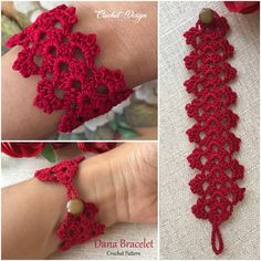 the crocheted bracelet is made with red yarn