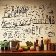 a kitchen counter with spices and condiments drawn on the wall next to it