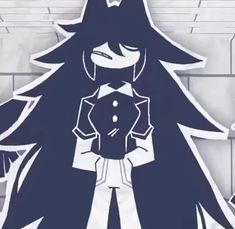 an anime character with long black hair standing in front of a brick wall