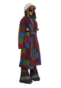 This coat has a sherpa faux fur construction with a square patchwork pattern, satin lining, a notched lapel collar, side pockets, and a removable self-tie belt. Parka Pattern, Current Mood Clothing, Square Patchwork, Art Sherpa, Cool Clothing, Boho Patchwork, Sherpa Coat, Great Coat, Patchwork Patterns