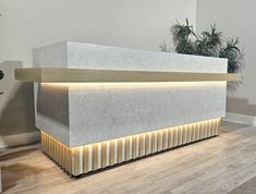 a white counter sitting on top of a wooden floor next to a potted plant