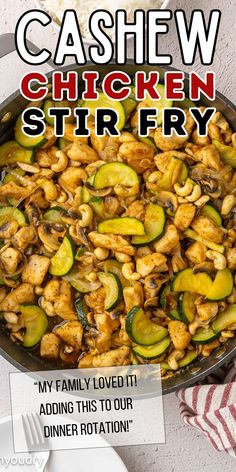 chicken stir fry with zucchini and mushrooms in a skillet on the side