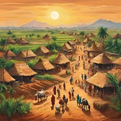 a painting of people and animals walking around a village with thatched roof huts at sunset