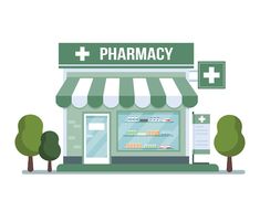 pharmacy building with trees and signs on the front door, flat style illustration isolated on white background