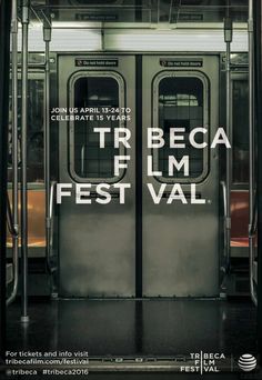 an advertisement for the tribe film festival in front of a subway car with its doors open