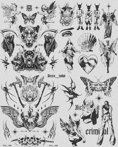 an assortment of tattoo designs on a white background, including angel and demon symbols in black ink