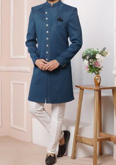 Men's Indo Western Party Wear Sherwani Suit - db20469 Ceremonial Churidar With Naqshi Straight Kurta, Formal Long Sleeve Bandhgala With Cutdana, Semi-stitched Blue Kurta For Ceremonial Occasions, Blue Semi-stitched Kurta For Ceremonial Occasions, Blue Bandhgala With Naqshi For Formal Occasions, Formal Unstitched Suit With Cutdana, Formal Fitted Unstitched Suit With Traditional Drape, Traditional Long Sleeve Sherwani With Cutdana, Traditional Suits With Naqshi For Formal Occasions