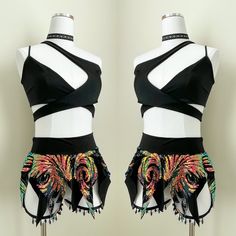 Item Details: MADE TO ORDER 🖤 Top is a one shoulder style that ties in the back. Jagged edge skirt with 12 edges. Top jagged edge point measures 4.5in away from waist band, bottom jagged edge point measures 11in away from waist band. Skirt is cheeky. Waistband of the skirt is stretchy. Black sequin fabric for detailing.  A rave hood can be made upon request in the rainbow sequin fabric! *Under garments are not included**Necklace not included* Model in picture is wearing size Small. 25-27 waist, Colorful Rave Outfit, Rave Hood, Summer Rave Outfits, Festival Fits, Outfit Rave, Edm Festival Outfit, Rave Looks, Pixie Skirt, Rave Fits