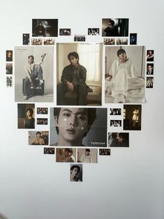 a white wall with many pictures and people on it's side, all arranged in the shape of a heart