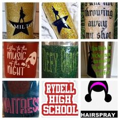 several different types of glitter tumbles with the words, names and designs on them