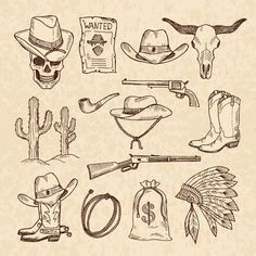 an old western set of hand drawn items