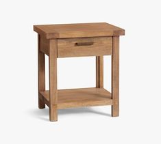 a small wooden table with one drawer on the top and two shelves below it, against a white background