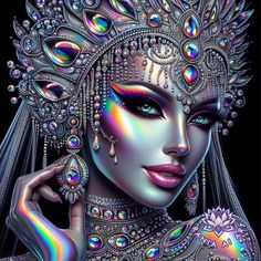 a beautiful woman with colorful makeup and jewels on her face, wearing an elaborate headdress