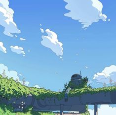 an anime scene with green vegetation on the ground and blue sky in the back ground