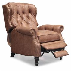 a brown recliner chair with an ottoman and footstool in front of a white background