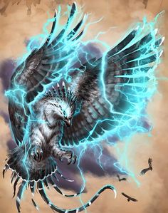 a drawing of an eagle flying through the air with lightning coming out of it's wings