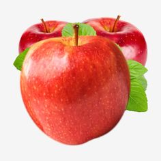 two red apples with green leaves on top and one is larger than the rest of the image