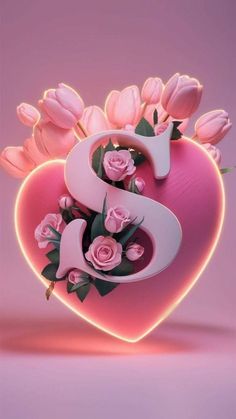 the letter s is surrounded by pink roses and leaves on top of a heart shaped object